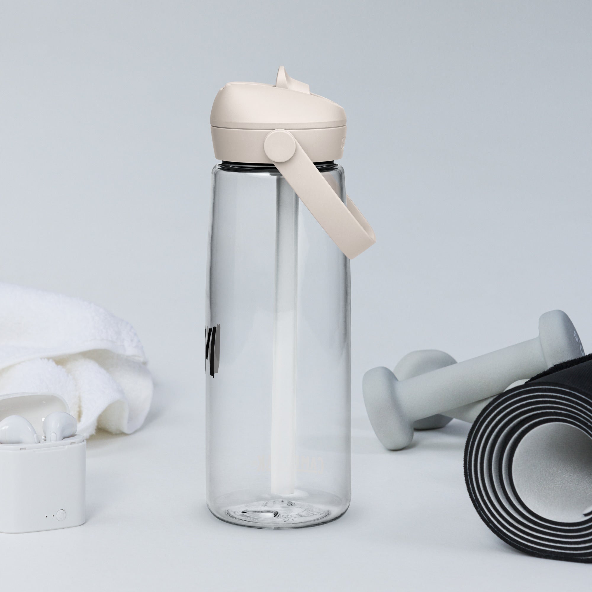VM Flip Straw Water Bottle Stay hydrated in style with this flip straw water bottle, made from 50% recycled plastic. Resistant to stains, shattering, and odors, it keeps your drinks fresh, while the leak-proof cover and bite valve prevent spills. This ext