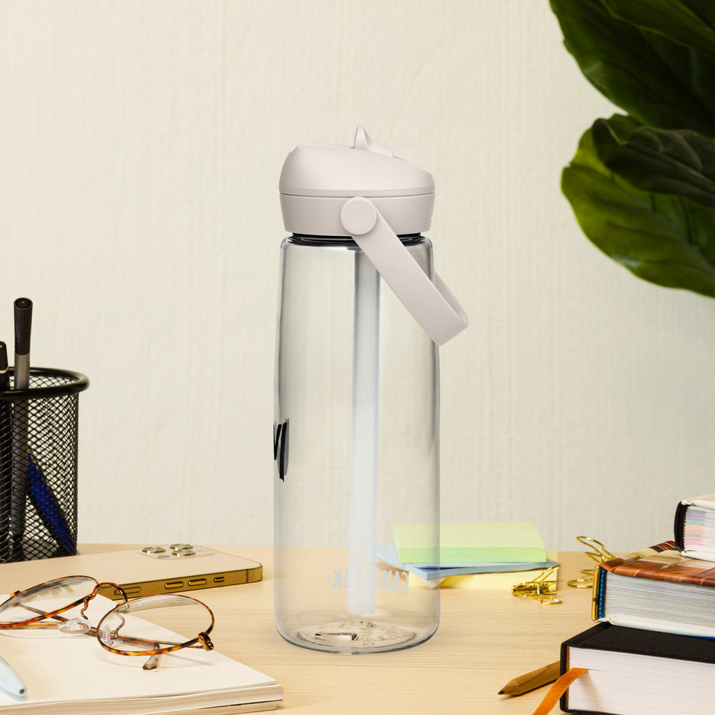 VM Flip Straw Water Bottle Stay hydrated in style with this flip straw water bottle, made from 50% recycled plastic. Resistant to stains, shattering, and odors, it keeps your drinks fresh, while the leak-proof cover and bite valve prevent spills. This ext