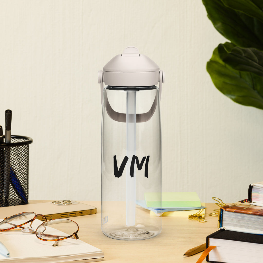 VM Flip Straw Water Bottle Stay hydrated in style with this flip straw water bottle, made from 50% recycled plastic. Resistant to stains, shattering, and odors, it keeps your drinks fresh, while the leak-proof cover and bite valve prevent spills. This ext