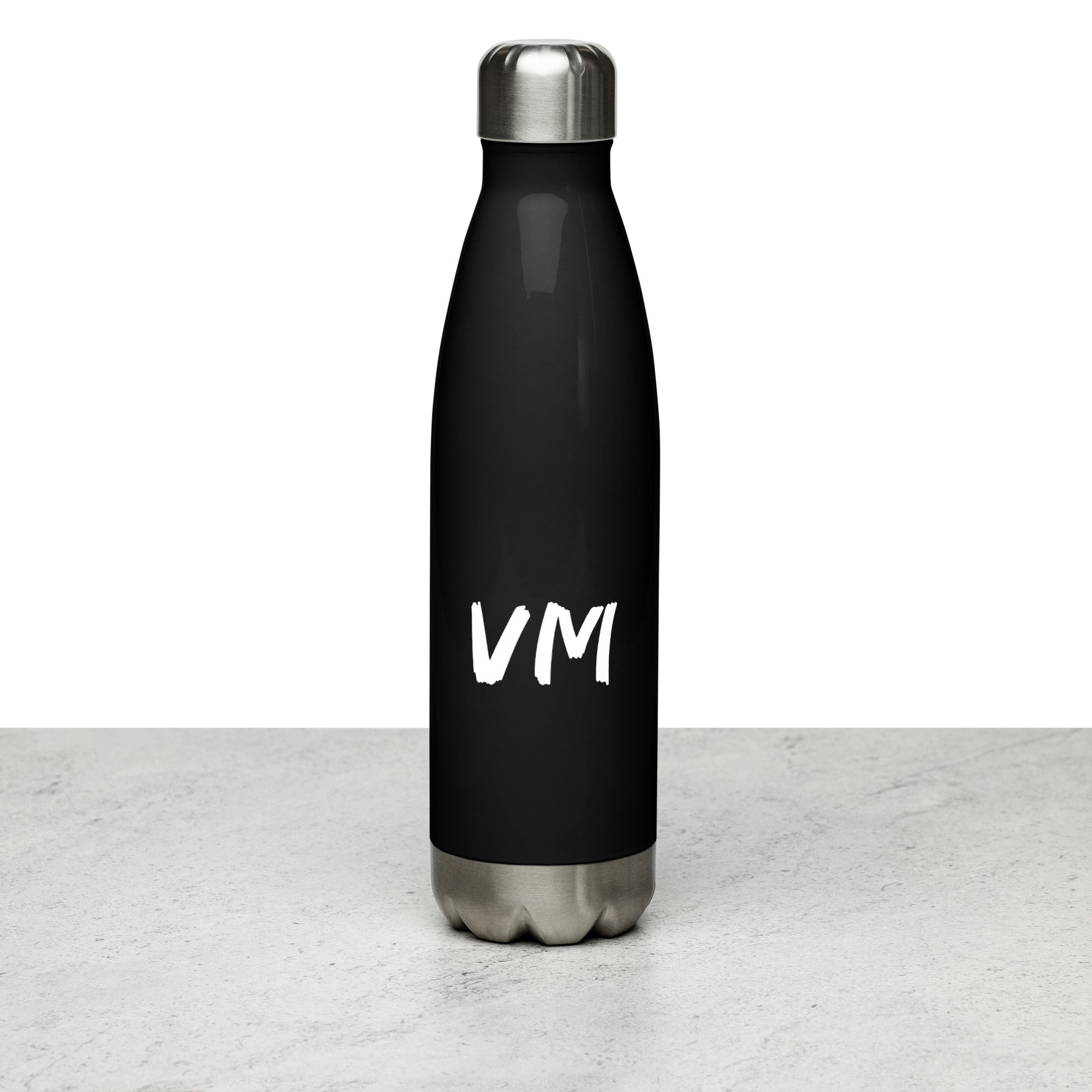 VM Stainless Steel Water Bottle This 17-ounce, double-walled stainless steel water bottle is perfect for your daily outings. It will keep your drink of choice hot or cold for hours. It also features an odor- and leak-proof cap. Throw it in your car's cup