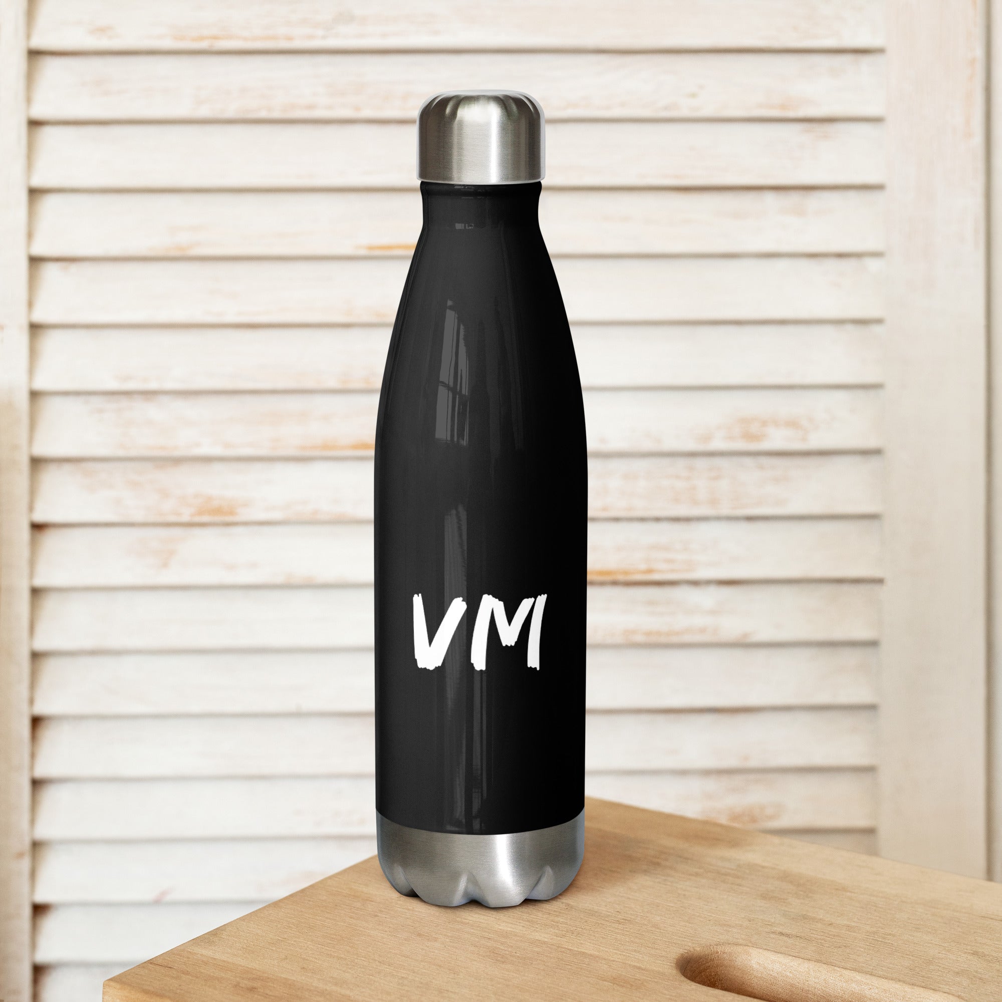 VM Stainless Steel Water Bottle This 17-ounce, double-walled stainless steel water bottle is perfect for your daily outings. It will keep your drink of choice hot or cold for hours. It also features an odor- and leak-proof cap. Throw it in your car's cup