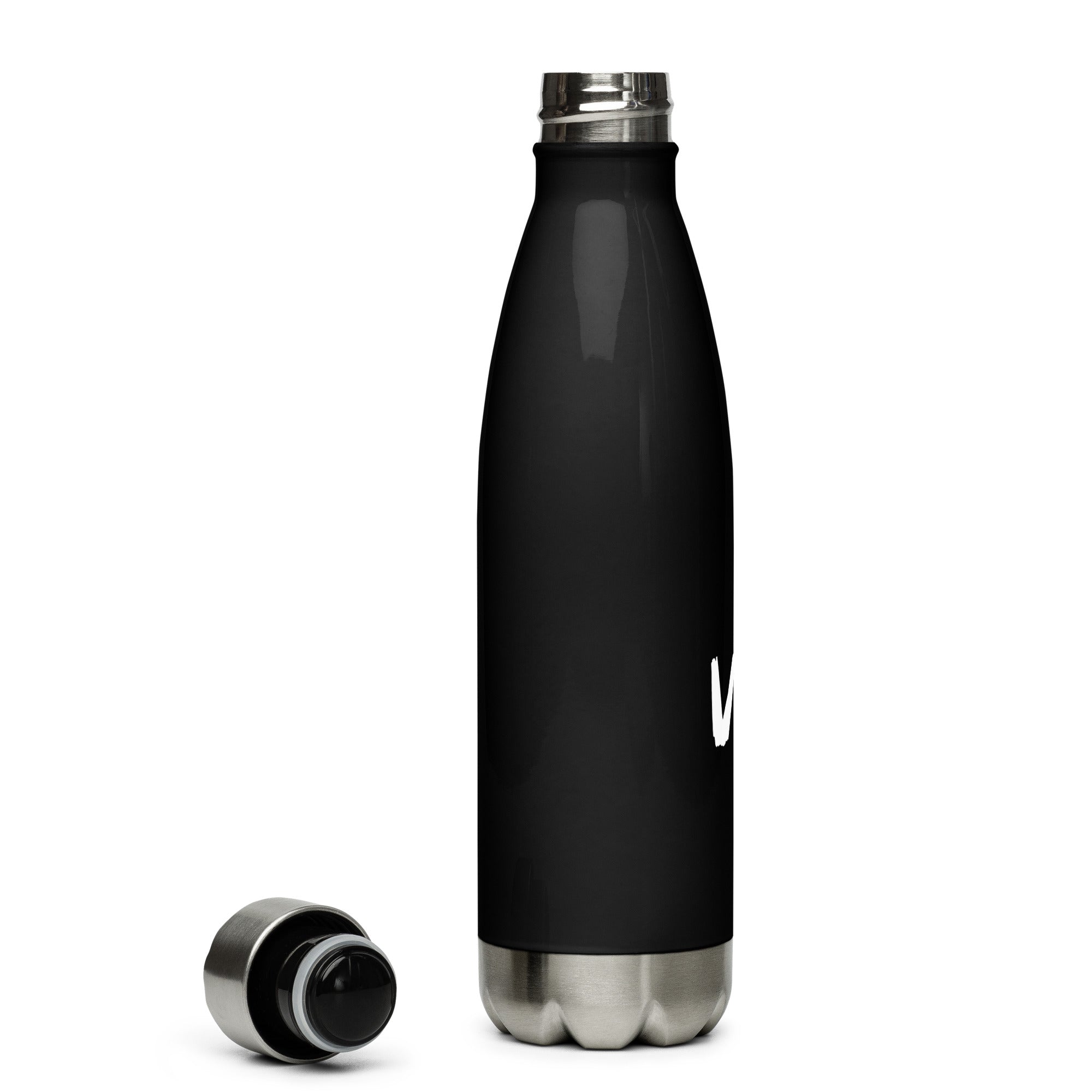 VM Stainless Steel Water Bottle This 17-ounce, double-walled stainless steel water bottle is perfect for your daily outings. It will keep your drink of choice hot or cold for hours. It also features an odor- and leak-proof cap. Throw it in your car's cup