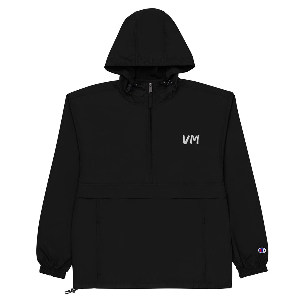 VM Official Embroidered Champion Packable Jacket Protect yourself from the elements with this Champion packable jacket. This wind and rain resistant polyester jacket with a detailed embroidery design has a practical hood, front kangaroo pocket, and zipped