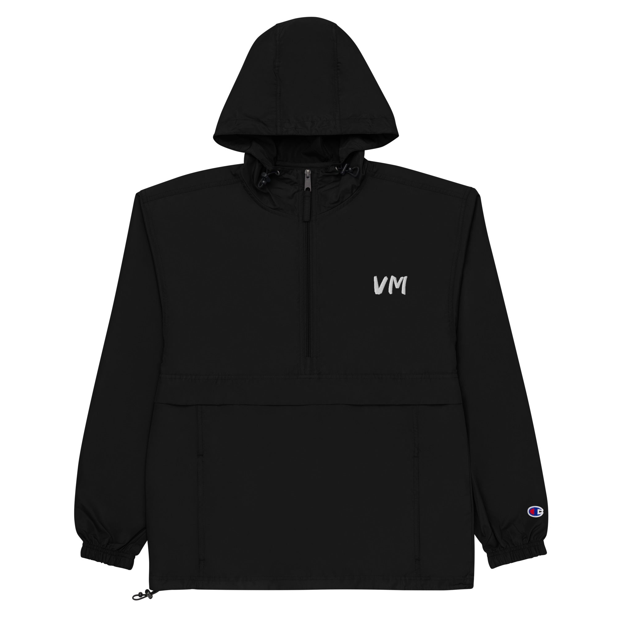 VM Official Embroidered Champion Packable Jacket Protect yourself from the elements with this Champion packable jacket. This wind and rain resistant polyester jacket with a detailed embroidery design has a practical hood, front kangaroo pocket, and zipped