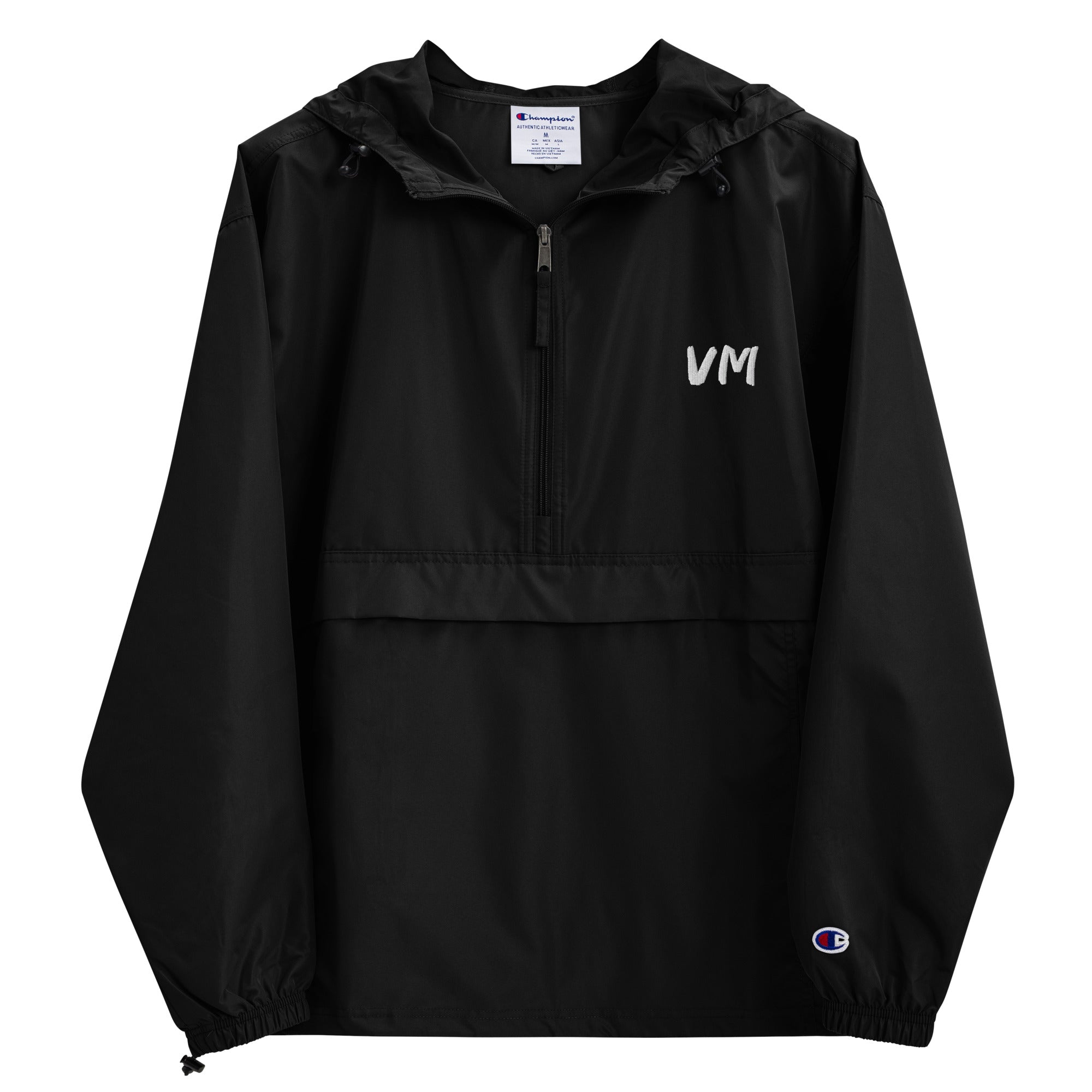 VM Official Embroidered Champion Packable Jacket Protect yourself from the elements with this Champion packable jacket. This wind and rain resistant polyester jacket with a detailed embroidery design has a practical hood, front kangaroo pocket, and zipped