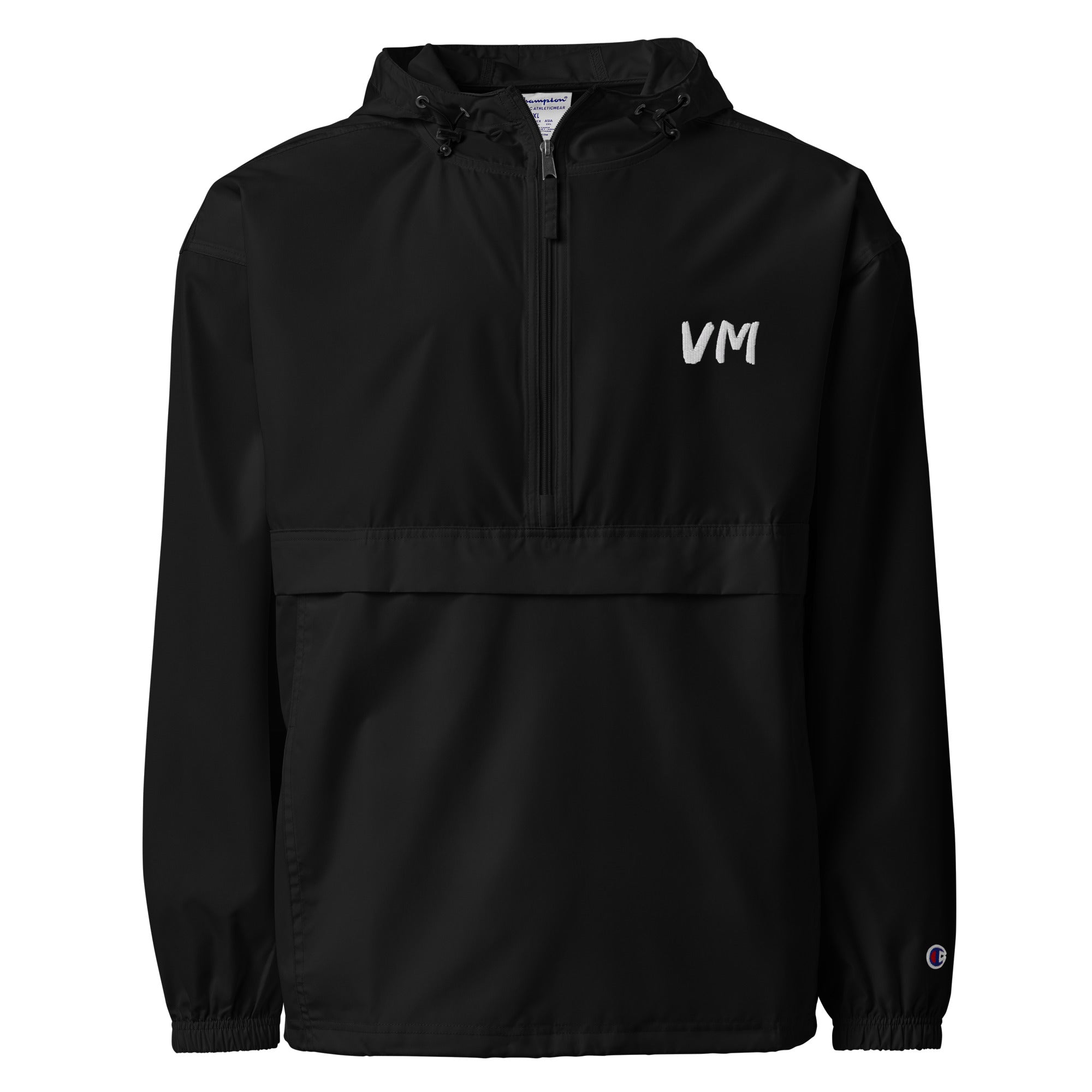 VM Official Embroidered Champion Packable Jacket Protect yourself from the elements with this Champion packable jacket. This wind and rain resistant polyester jacket with a detailed embroidery design has a practical hood, front kangaroo pocket, and zipped