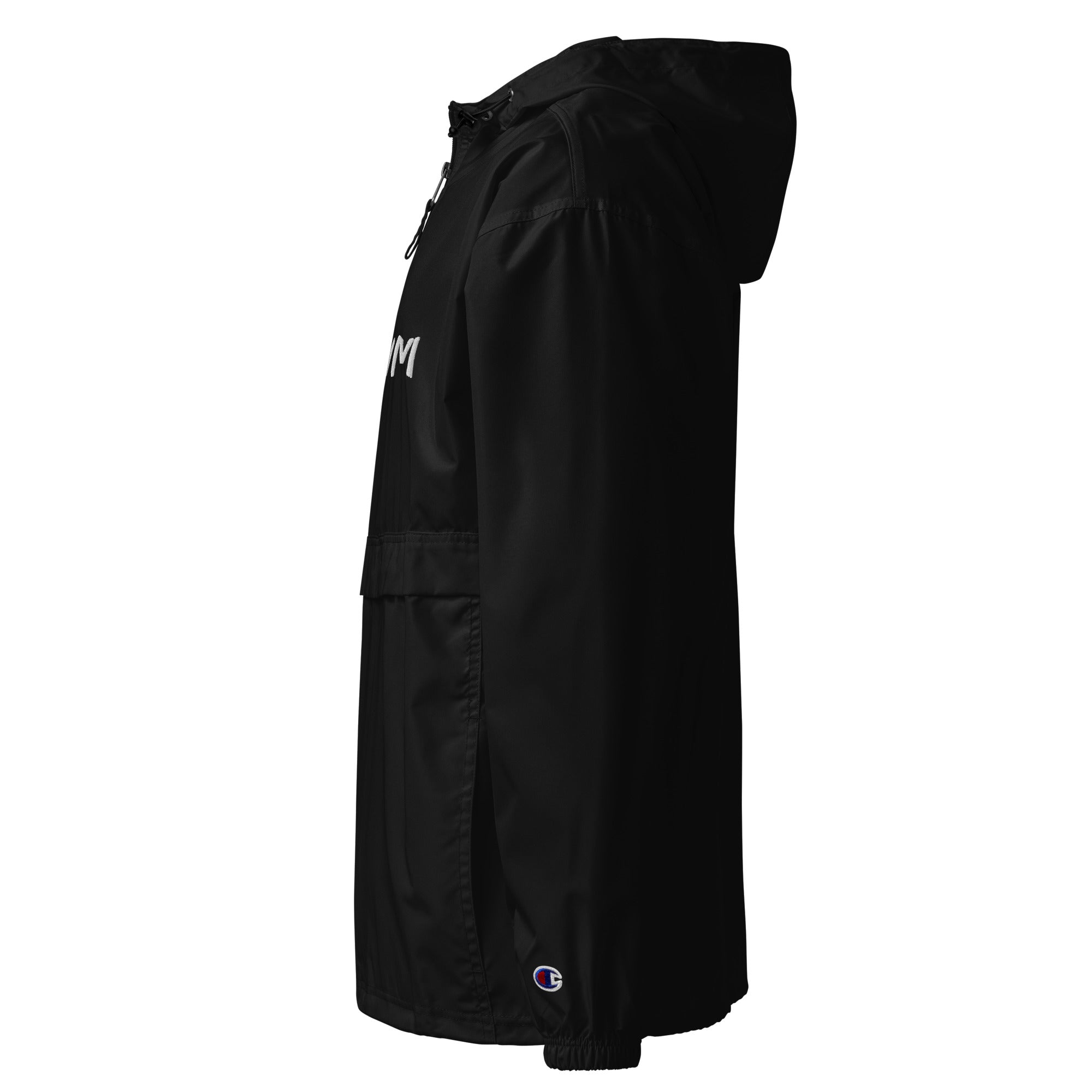 VM Official Embroidered Champion Packable Jacket Protect yourself from the elements with this Champion packable jacket. This wind and rain resistant polyester jacket with a detailed embroidery design has a practical hood, front kangaroo pocket, and zipped
