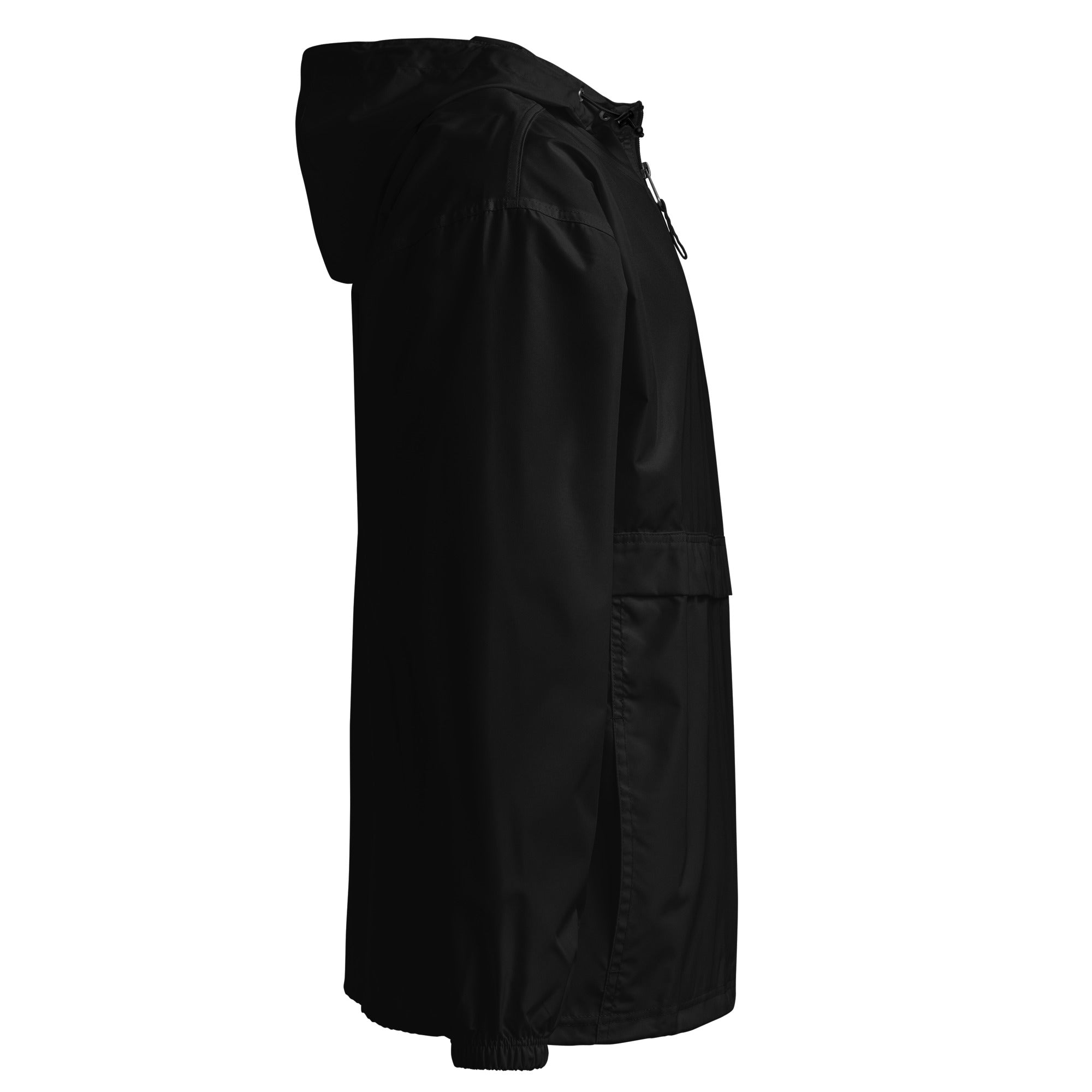 VM Official Embroidered Champion Packable Jacket Protect yourself from the elements with this Champion packable jacket. This wind and rain resistant polyester jacket with a detailed embroidery design has a practical hood, front kangaroo pocket, and zipped