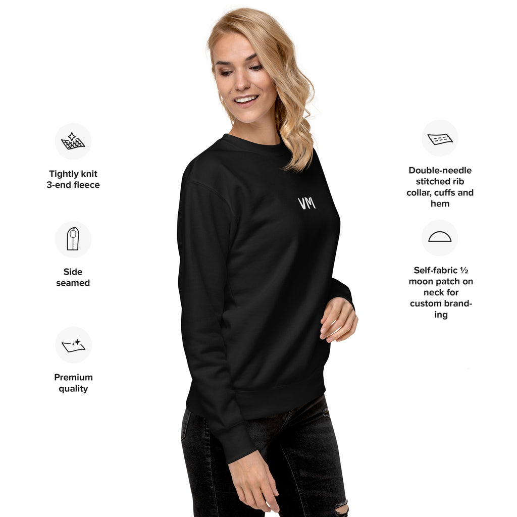 VM Unisex Premium Sweatshirt Rock a classic sweatshirt silhouette with ribbed crew neck, long sleeve cuffs, and a flat hem. Layer it up or wear it on its own for a contemporary streetwear look. With the soft fleece inside and comfortable fit, it’s sure to