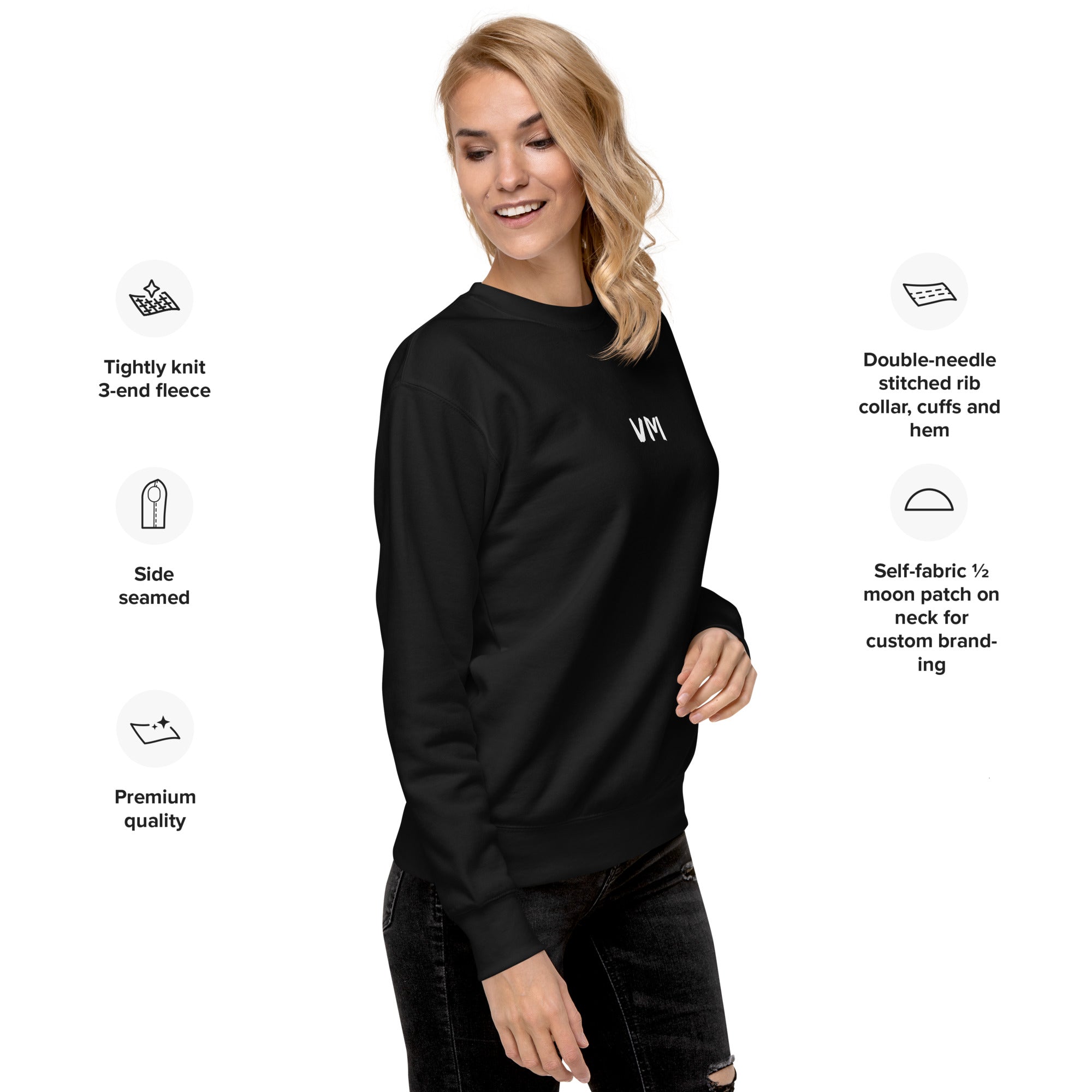 VM Unisex Premium Sweatshirt Rock a classic sweatshirt silhouette with ribbed crew neck, long sleeve cuffs, and a flat hem. Layer it up or wear it on its own for a contemporary streetwear look. With the soft fleece inside and comfortable fit, it’s sure to
