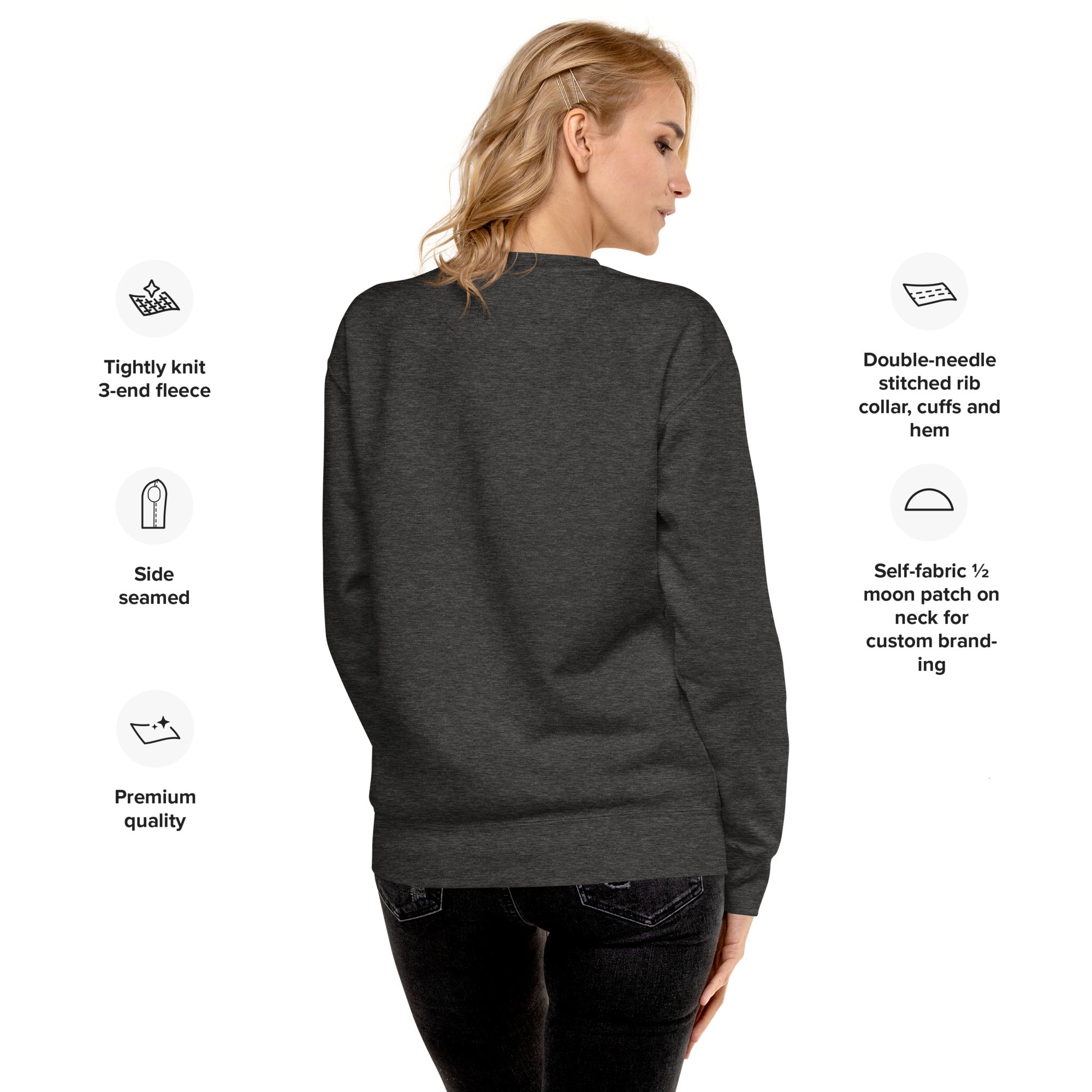 VM Unisex Premium Sweatshirt Rock a classic sweatshirt silhouette with ribbed crew neck, long sleeve cuffs, and a flat hem. Layer it up or wear it on its own for a contemporary streetwear look. With the soft fleece inside and comfortable fit, it’s sure to