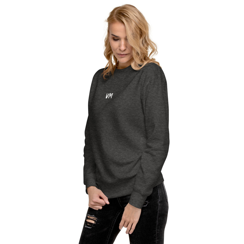 VM Unisex Premium Sweatshirt Rock a classic sweatshirt silhouette with ribbed crew neck, long sleeve cuffs, and a flat hem. Layer it up or wear it on its own for a contemporary streetwear look. With the soft fleece inside and comfortable fit, it’s sure to