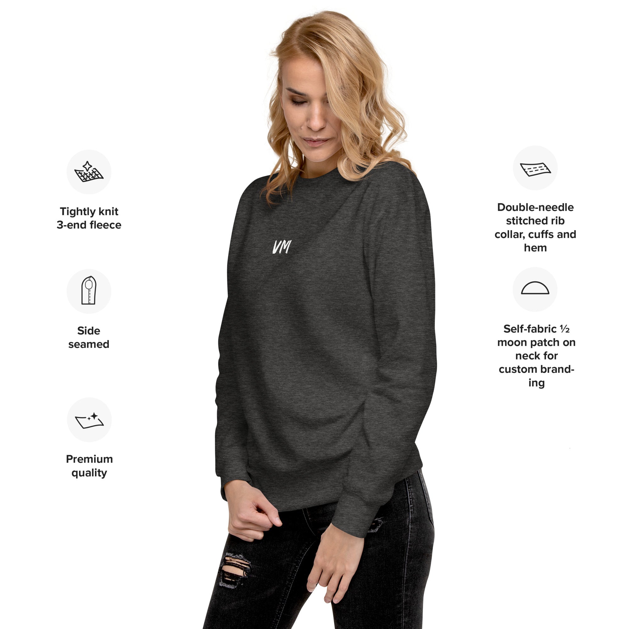 VM Unisex Premium Sweatshirt Rock a classic sweatshirt silhouette with ribbed crew neck, long sleeve cuffs, and a flat hem. Layer it up or wear it on its own for a contemporary streetwear look. With the soft fleece inside and comfortable fit, it’s sure to