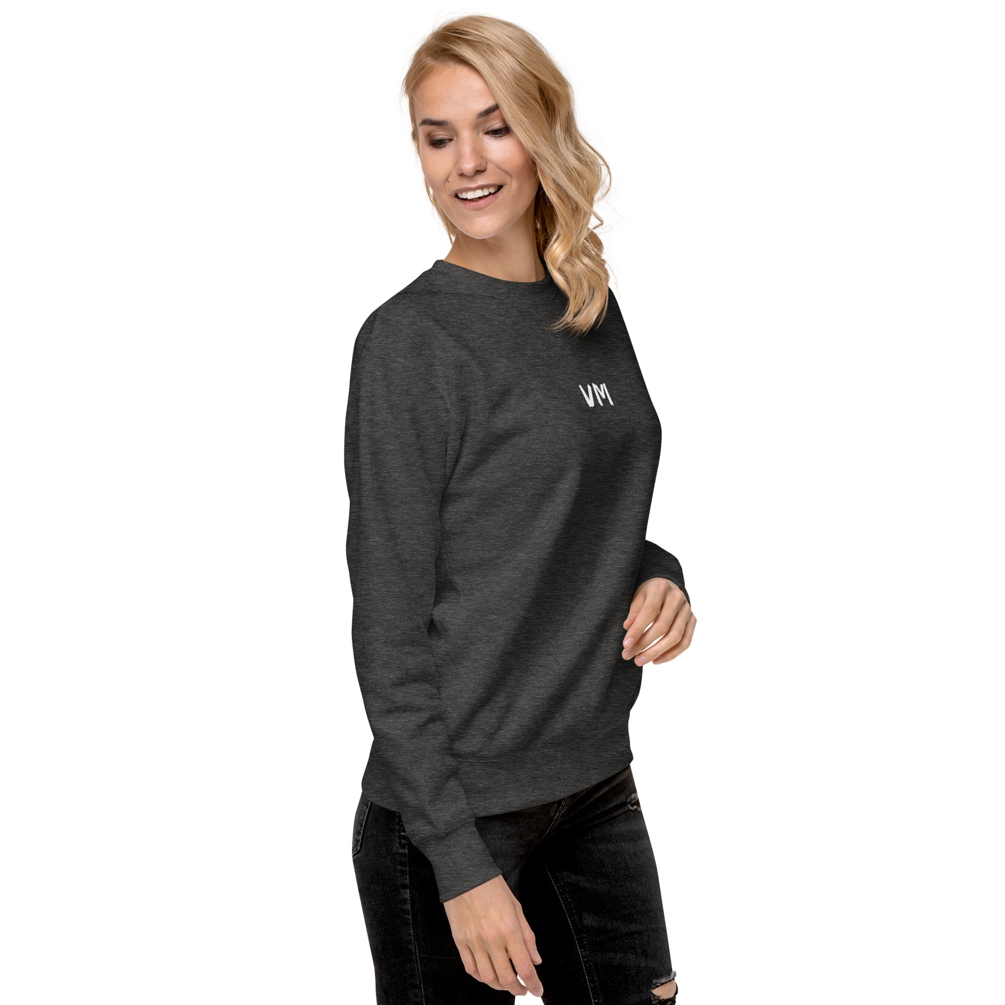 VM Unisex Premium Sweatshirt Rock a classic sweatshirt silhouette with ribbed crew neck, long sleeve cuffs, and a flat hem. Layer it up or wear it on its own for a contemporary streetwear look. With the soft fleece inside and comfortable fit, it’s sure to