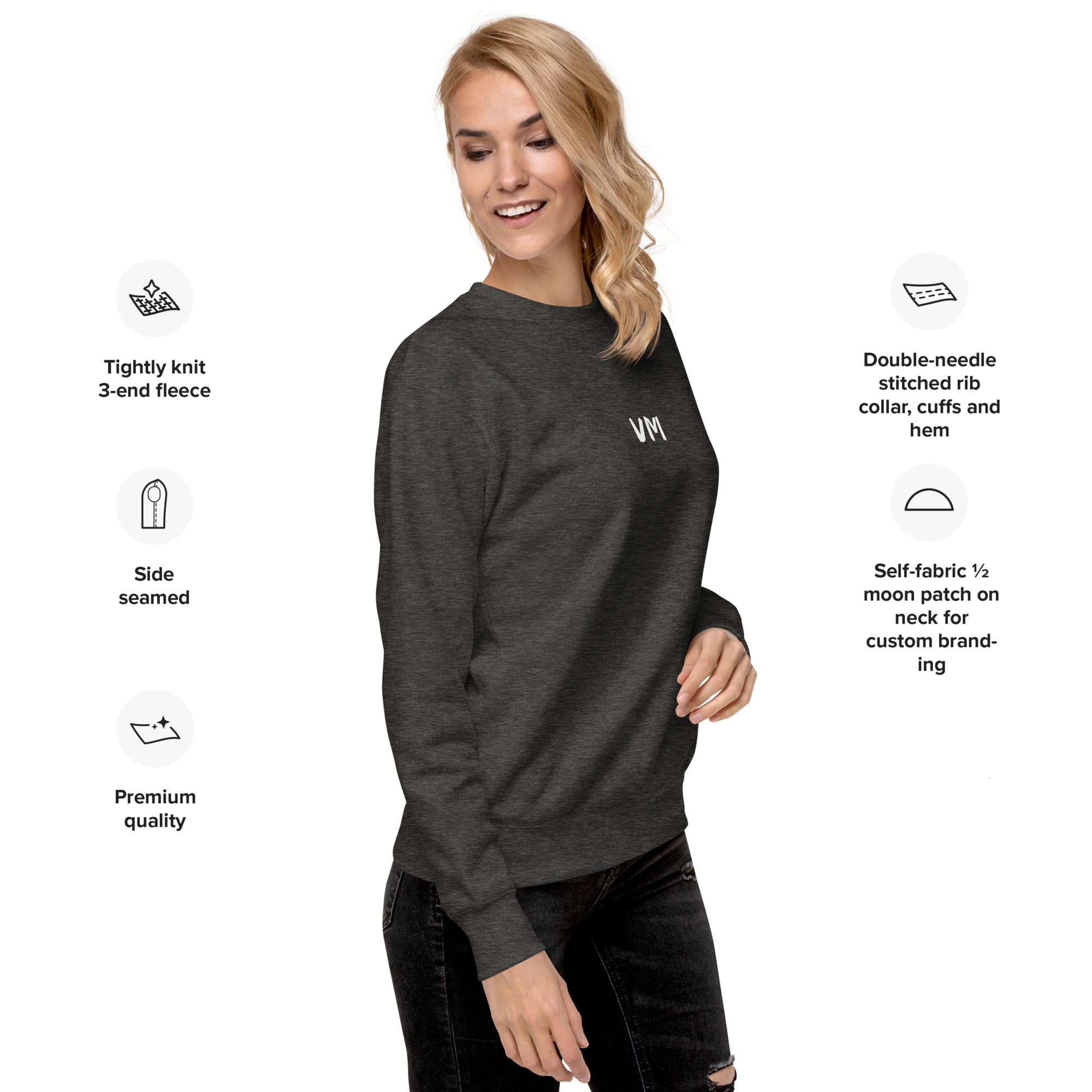 VM Unisex Premium Sweatshirt Rock a classic sweatshirt silhouette with ribbed crew neck, long sleeve cuffs, and a flat hem. Layer it up or wear it on its own for a contemporary streetwear look. With the soft fleece inside and comfortable fit, it’s sure to
