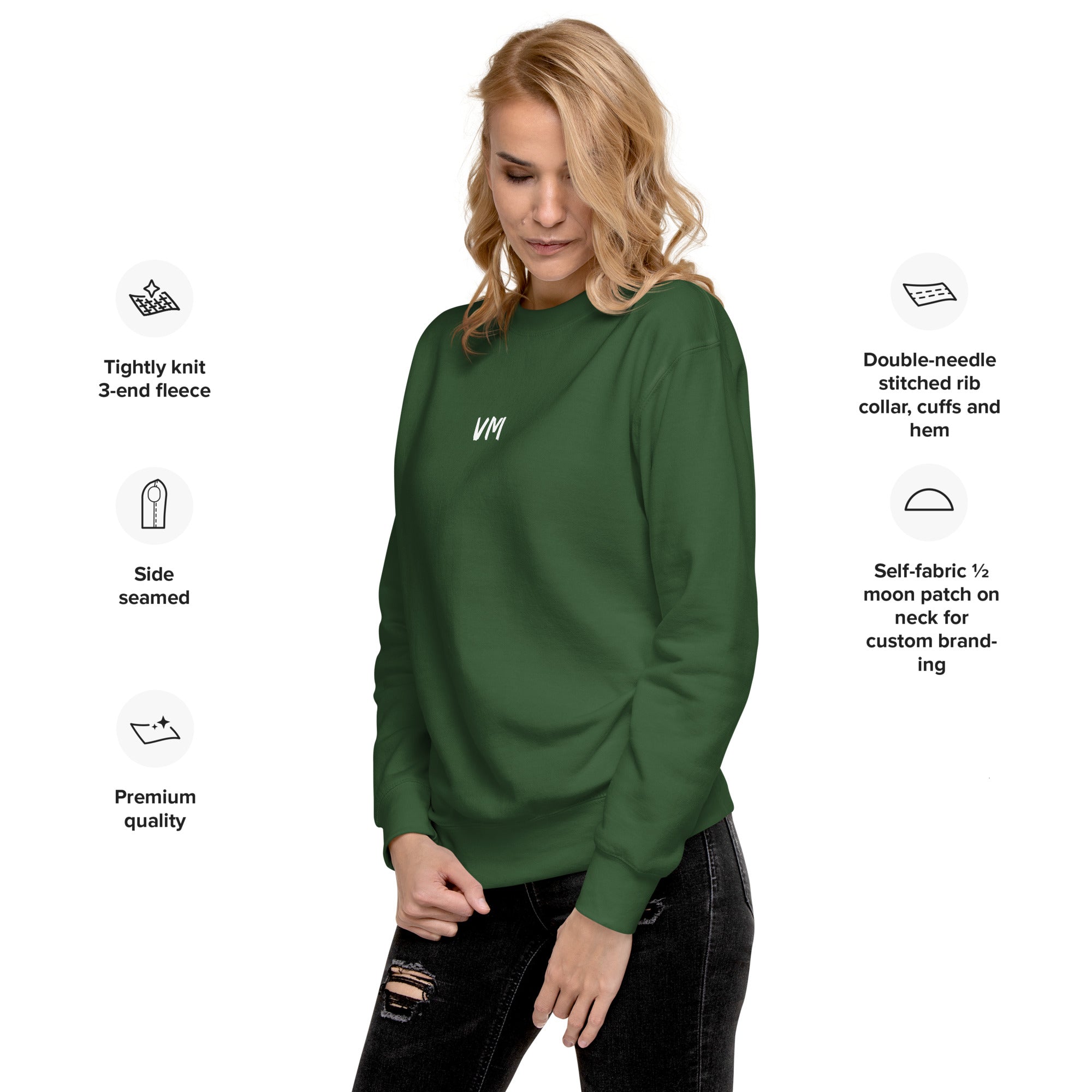 VM Unisex Premium Sweatshirt Rock a classic sweatshirt silhouette with ribbed crew neck, long sleeve cuffs, and a flat hem. Layer it up or wear it on its own for a contemporary streetwear look. With the soft fleece inside and comfortable fit, it’s sure to