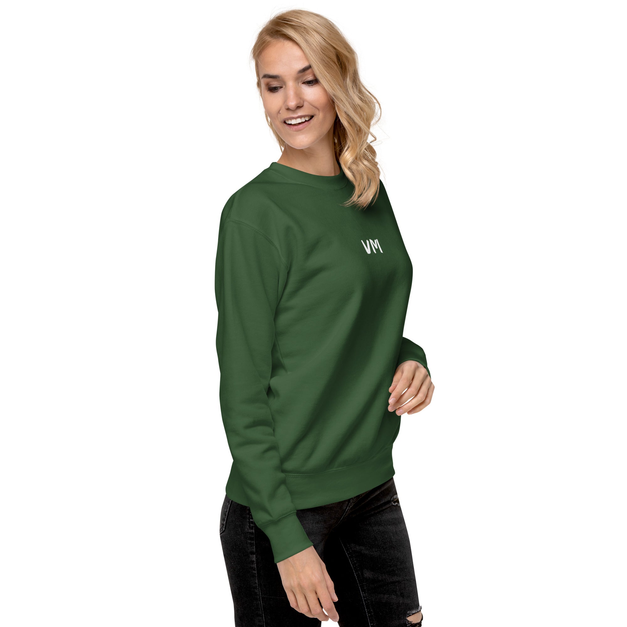 VM Unisex Premium Sweatshirt Rock a classic sweatshirt silhouette with ribbed crew neck, long sleeve cuffs, and a flat hem. Layer it up or wear it on its own for a contemporary streetwear look. With the soft fleece inside and comfortable fit, it’s sure to