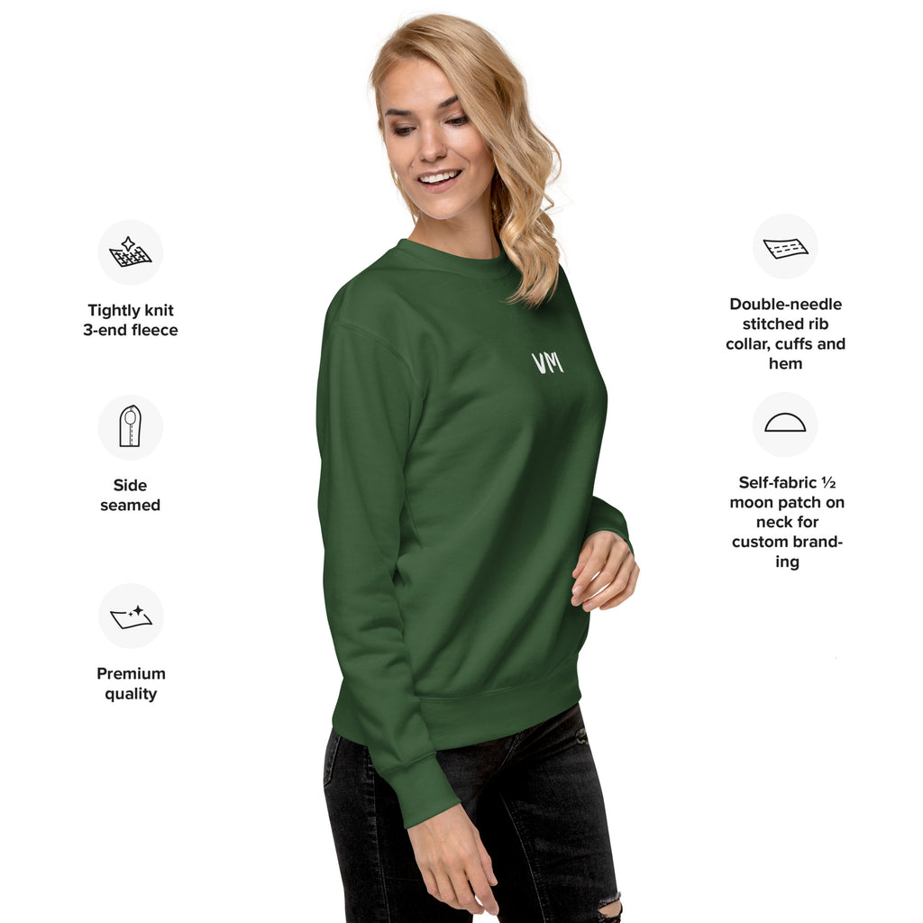 VM Unisex Premium Sweatshirt Rock a classic sweatshirt silhouette with ribbed crew neck, long sleeve cuffs, and a flat hem. Layer it up or wear it on its own for a contemporary streetwear look. With the soft fleece inside and comfortable fit, it’s sure to