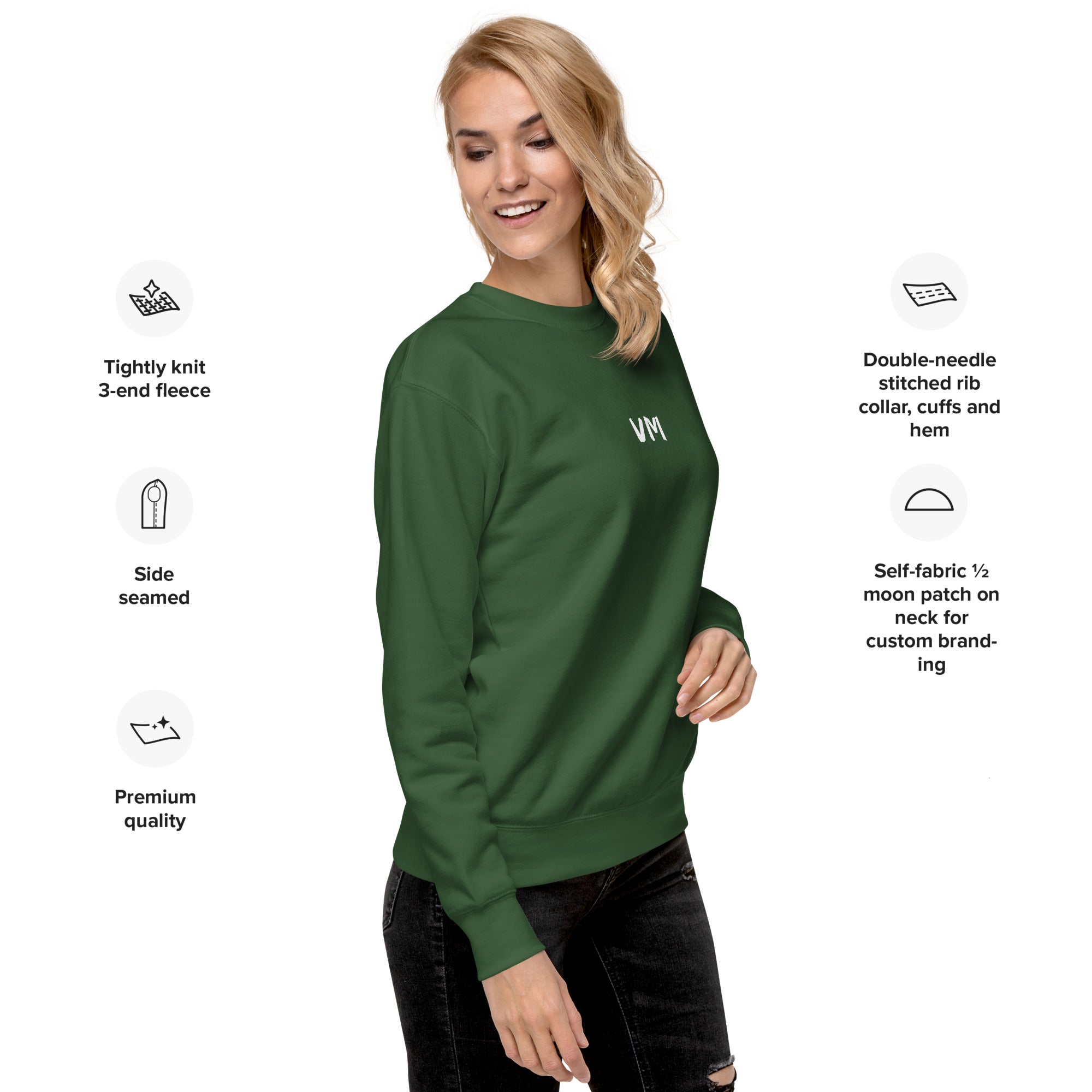 VM Unisex Premium Sweatshirt Rock a classic sweatshirt silhouette with ribbed crew neck, long sleeve cuffs, and a flat hem. Layer it up or wear it on its own for a contemporary streetwear look. With the soft fleece inside and comfortable fit, it’s sure to