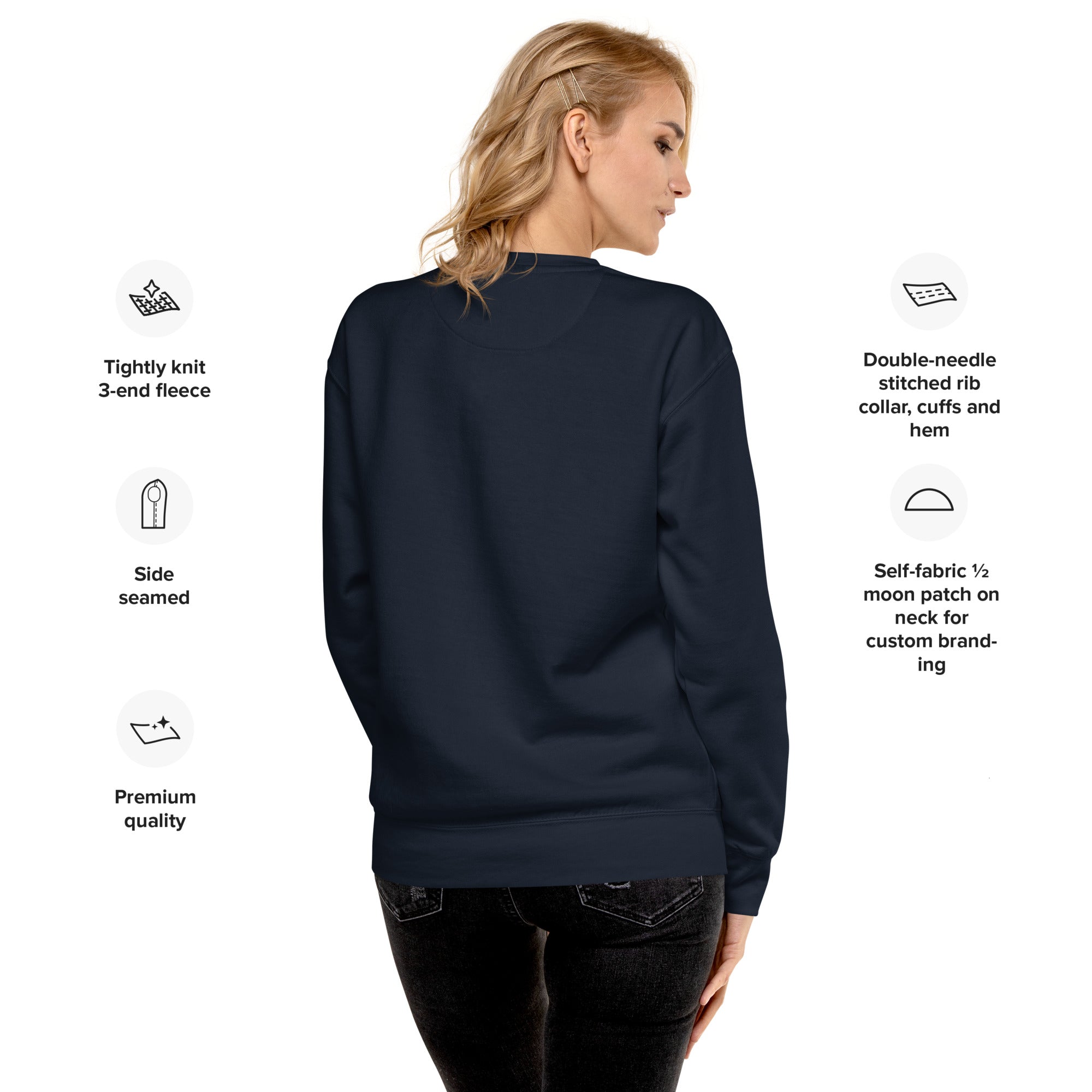 VM Unisex Premium Sweatshirt Rock a classic sweatshirt silhouette with ribbed crew neck, long sleeve cuffs, and a flat hem. Layer it up or wear it on its own for a contemporary streetwear look. With the soft fleece inside and comfortable fit, it’s sure to