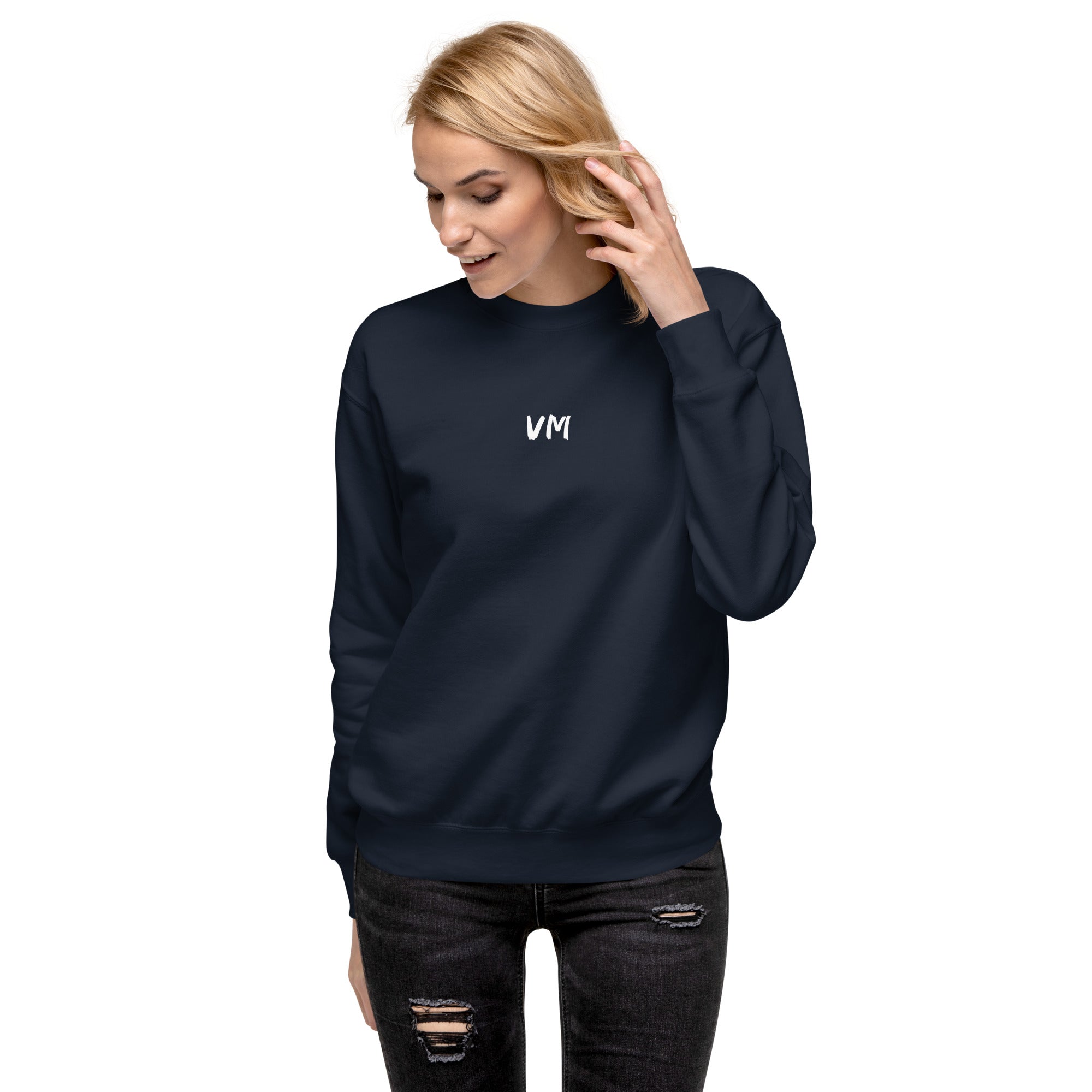 VM Unisex Premium Sweatshirt Rock a classic sweatshirt silhouette with ribbed crew neck, long sleeve cuffs, and a flat hem. Layer it up or wear it on its own for a contemporary streetwear look. With the soft fleece inside and comfortable fit, it’s sure to