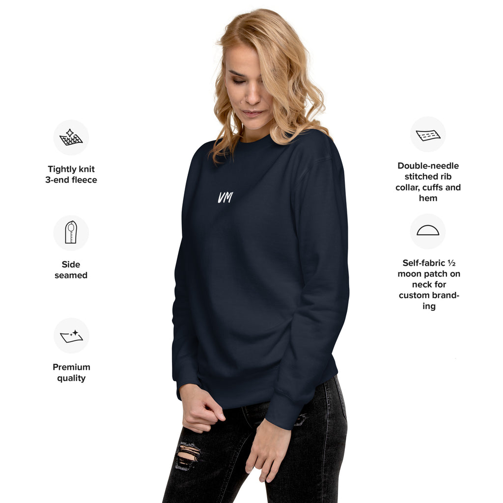 VM Unisex Premium Sweatshirt Rock a classic sweatshirt silhouette with ribbed crew neck, long sleeve cuffs, and a flat hem. Layer it up or wear it on its own for a contemporary streetwear look. With the soft fleece inside and comfortable fit, it’s sure to