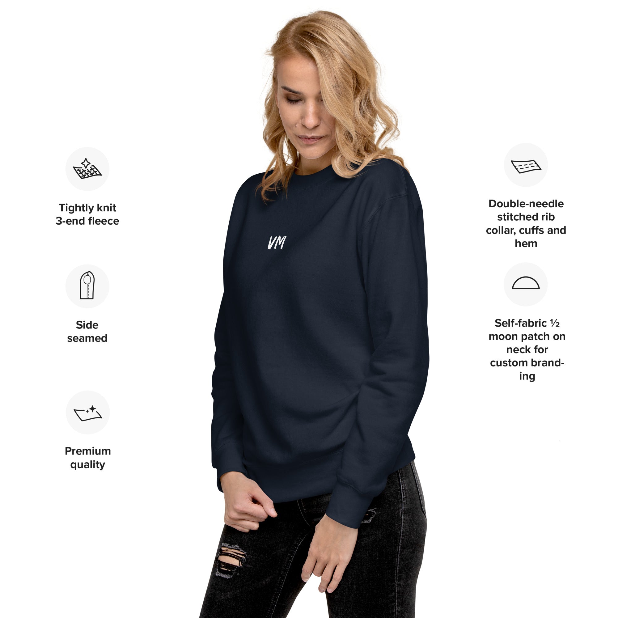 VM Unisex Premium Sweatshirt Rock a classic sweatshirt silhouette with ribbed crew neck, long sleeve cuffs, and a flat hem. Layer it up or wear it on its own for a contemporary streetwear look. With the soft fleece inside and comfortable fit, it’s sure to