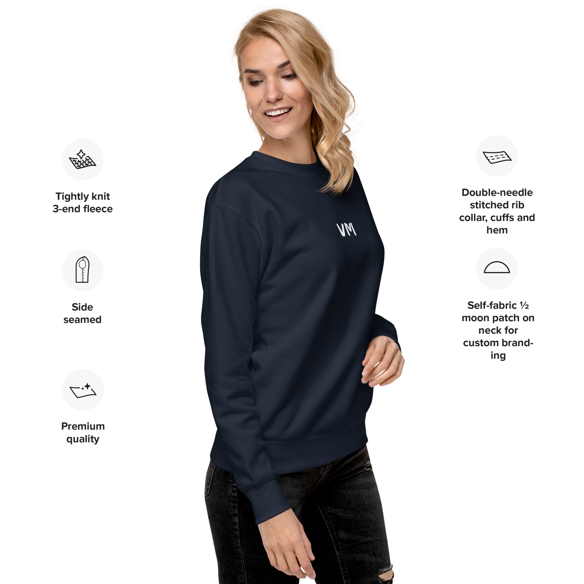 VM Unisex Premium Sweatshirt Rock a classic sweatshirt silhouette with ribbed crew neck, long sleeve cuffs, and a flat hem. Layer it up or wear it on its own for a contemporary streetwear look. With the soft fleece inside and comfortable fit, it’s sure to