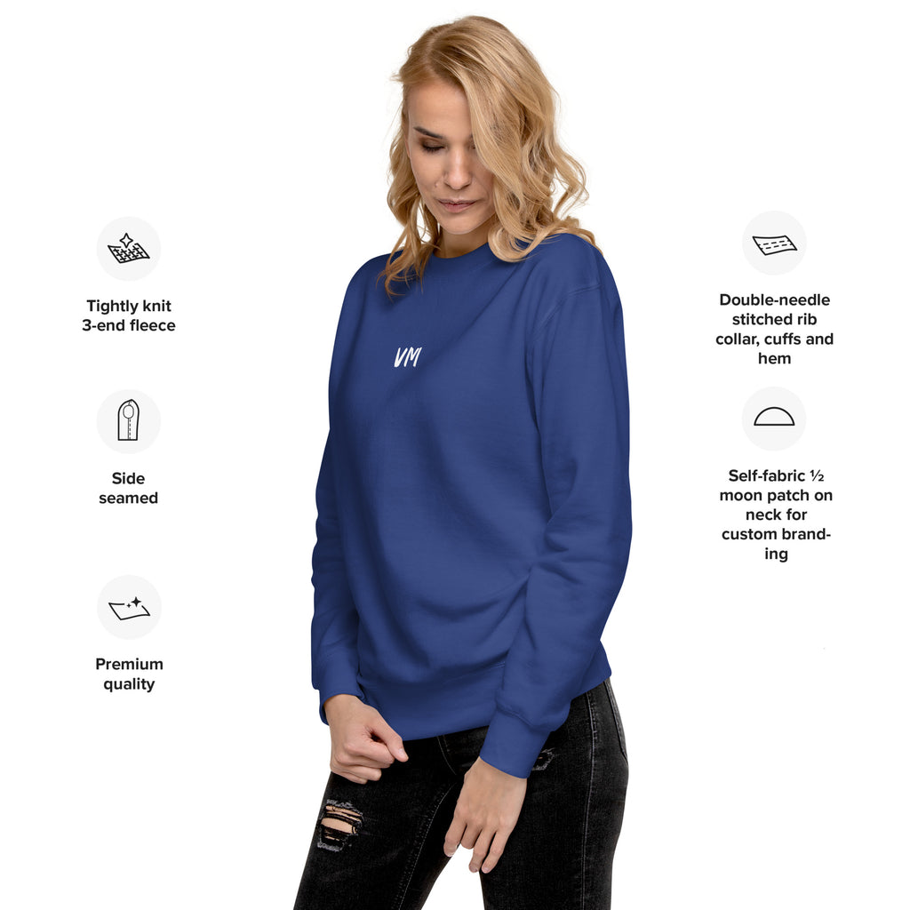 VM Unisex Premium Sweatshirt Rock a classic sweatshirt silhouette with ribbed crew neck, long sleeve cuffs, and a flat hem. Layer it up or wear it on its own for a contemporary streetwear look. With the soft fleece inside and comfortable fit, it’s sure to