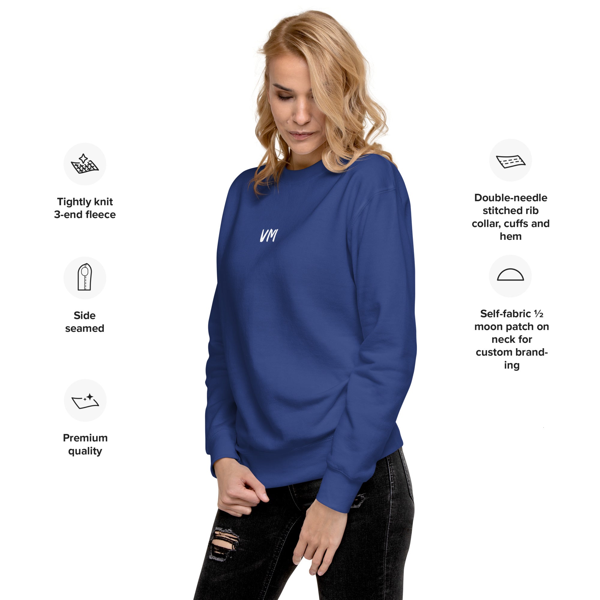 VM Unisex Premium Sweatshirt Rock a classic sweatshirt silhouette with ribbed crew neck, long sleeve cuffs, and a flat hem. Layer it up or wear it on its own for a contemporary streetwear look. With the soft fleece inside and comfortable fit, it’s sure to