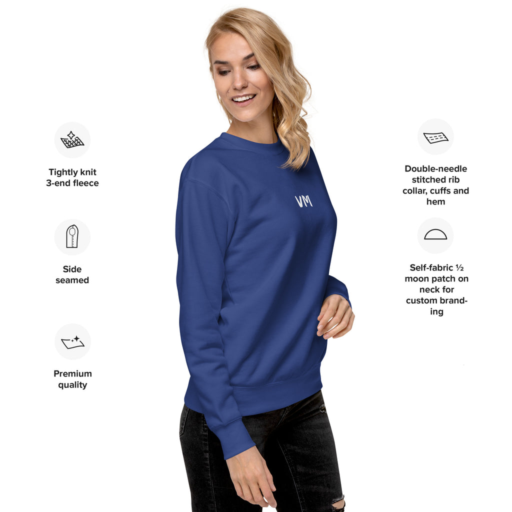 VM Unisex Premium Sweatshirt Rock a classic sweatshirt silhouette with ribbed crew neck, long sleeve cuffs, and a flat hem. Layer it up or wear it on its own for a contemporary streetwear look. With the soft fleece inside and comfortable fit, it’s sure to