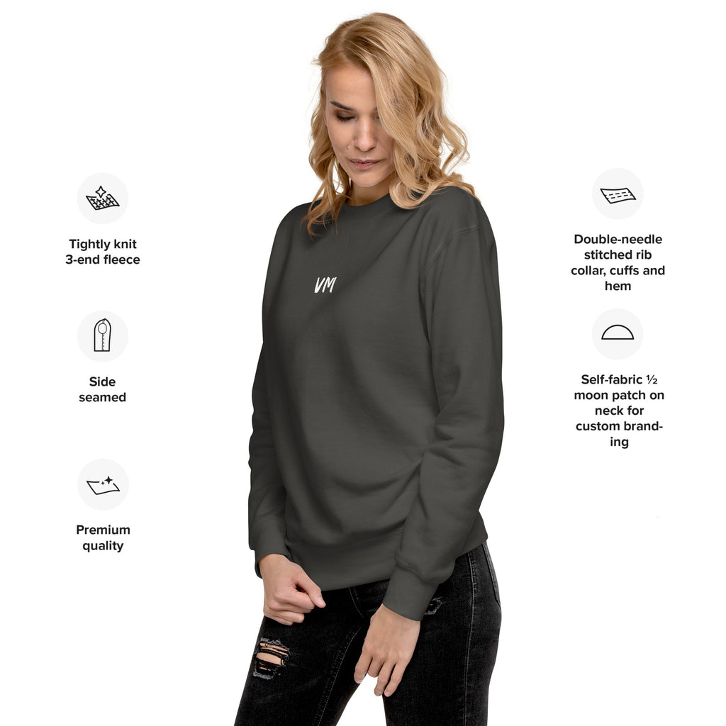 VM Unisex Premium Sweatshirt Rock a classic sweatshirt silhouette with ribbed crew neck, long sleeve cuffs, and a flat hem. Layer it up or wear it on its own for a contemporary streetwear look. With the soft fleece inside and comfortable fit, it’s sure to