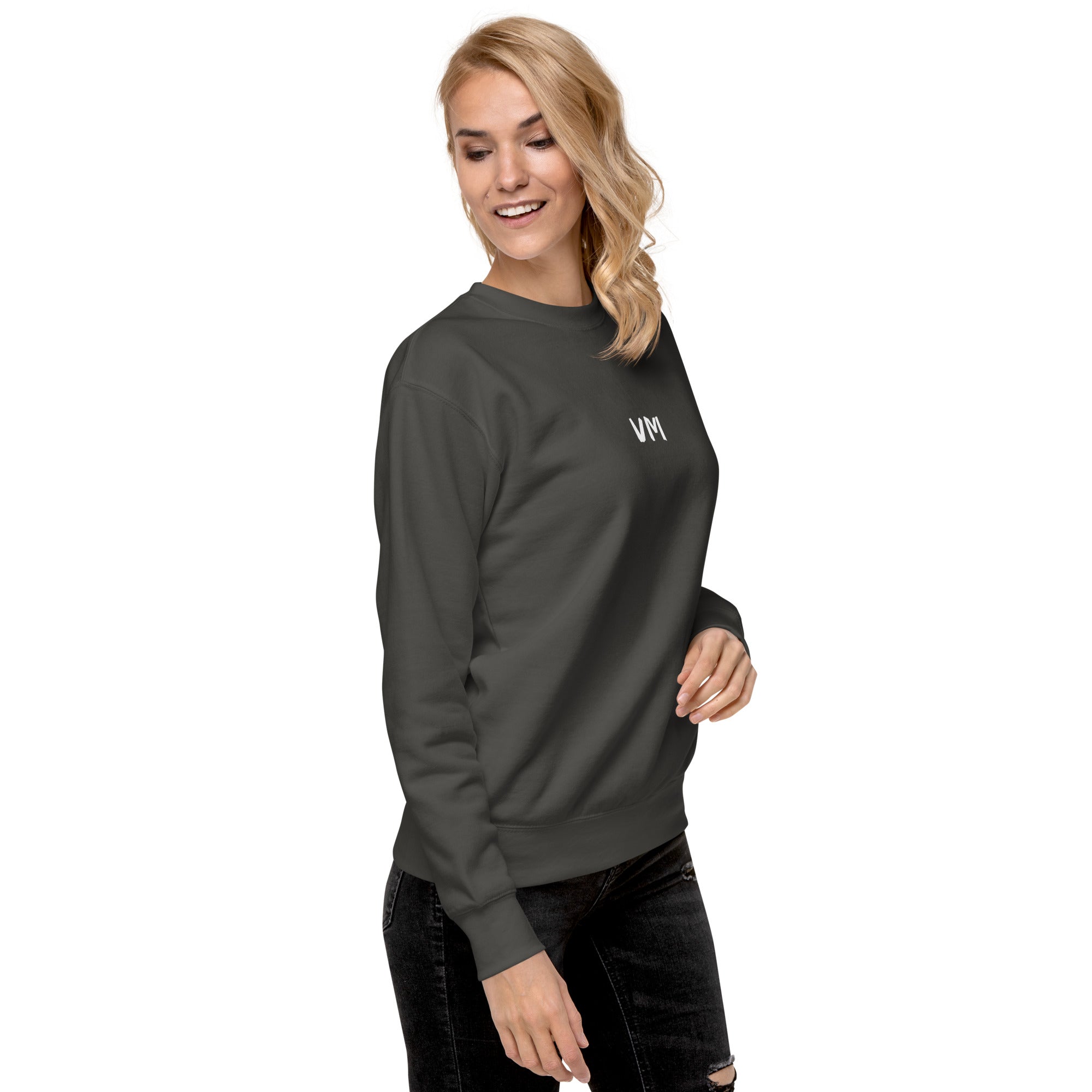 VM Unisex Premium Sweatshirt Rock a classic sweatshirt silhouette with ribbed crew neck, long sleeve cuffs, and a flat hem. Layer it up or wear it on its own for a contemporary streetwear look. With the soft fleece inside and comfortable fit, it’s sure to