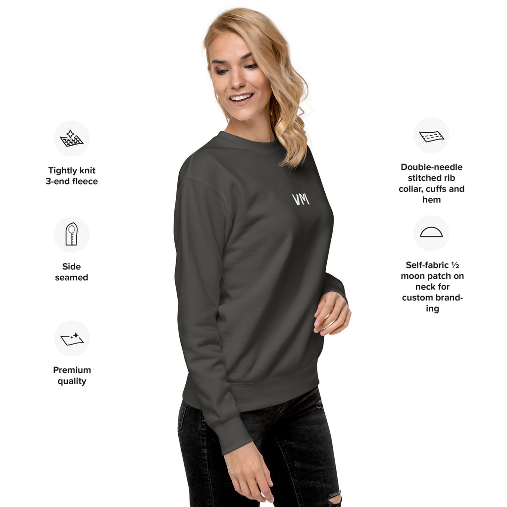 VM Unisex Premium Sweatshirt Rock a classic sweatshirt silhouette with ribbed crew neck, long sleeve cuffs, and a flat hem. Layer it up or wear it on its own for a contemporary streetwear look. With the soft fleece inside and comfortable fit, it’s sure to